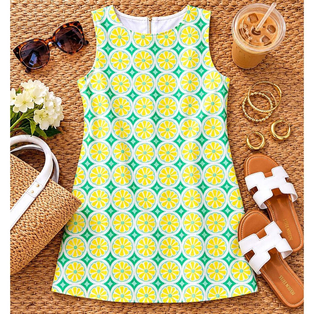 Sail to Sable Lemon Citrus Shift Dress Resort Wear Palm Beach Preppy Coastal XS